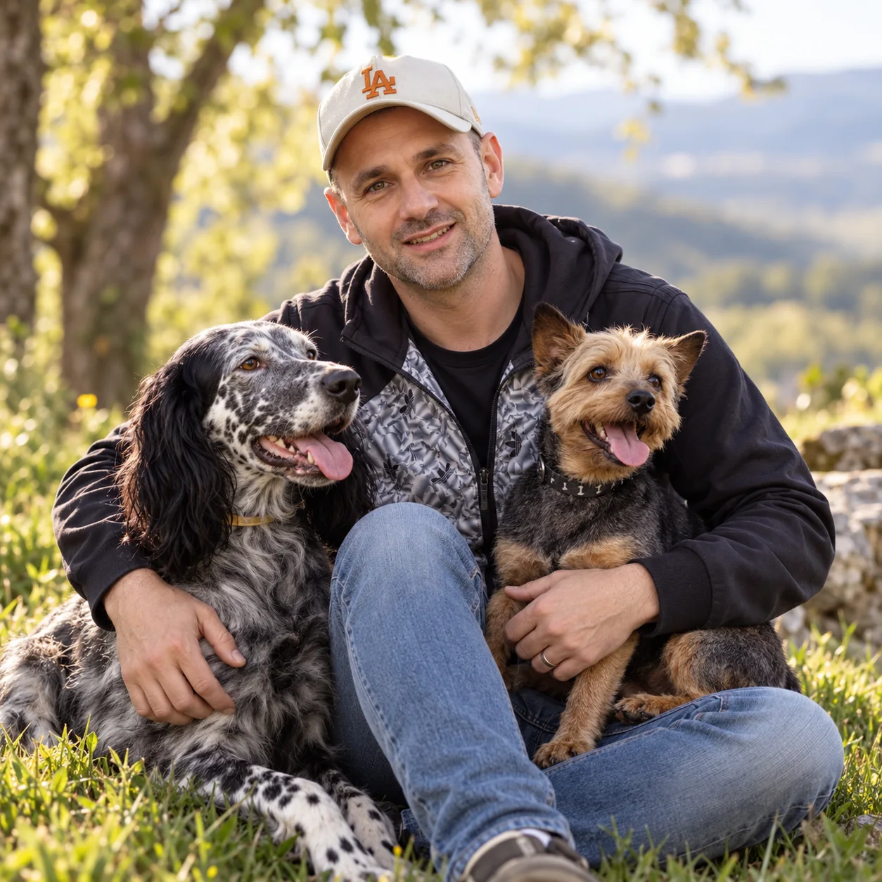 Julien Michon assis en pleine nature avec ses deux chiens